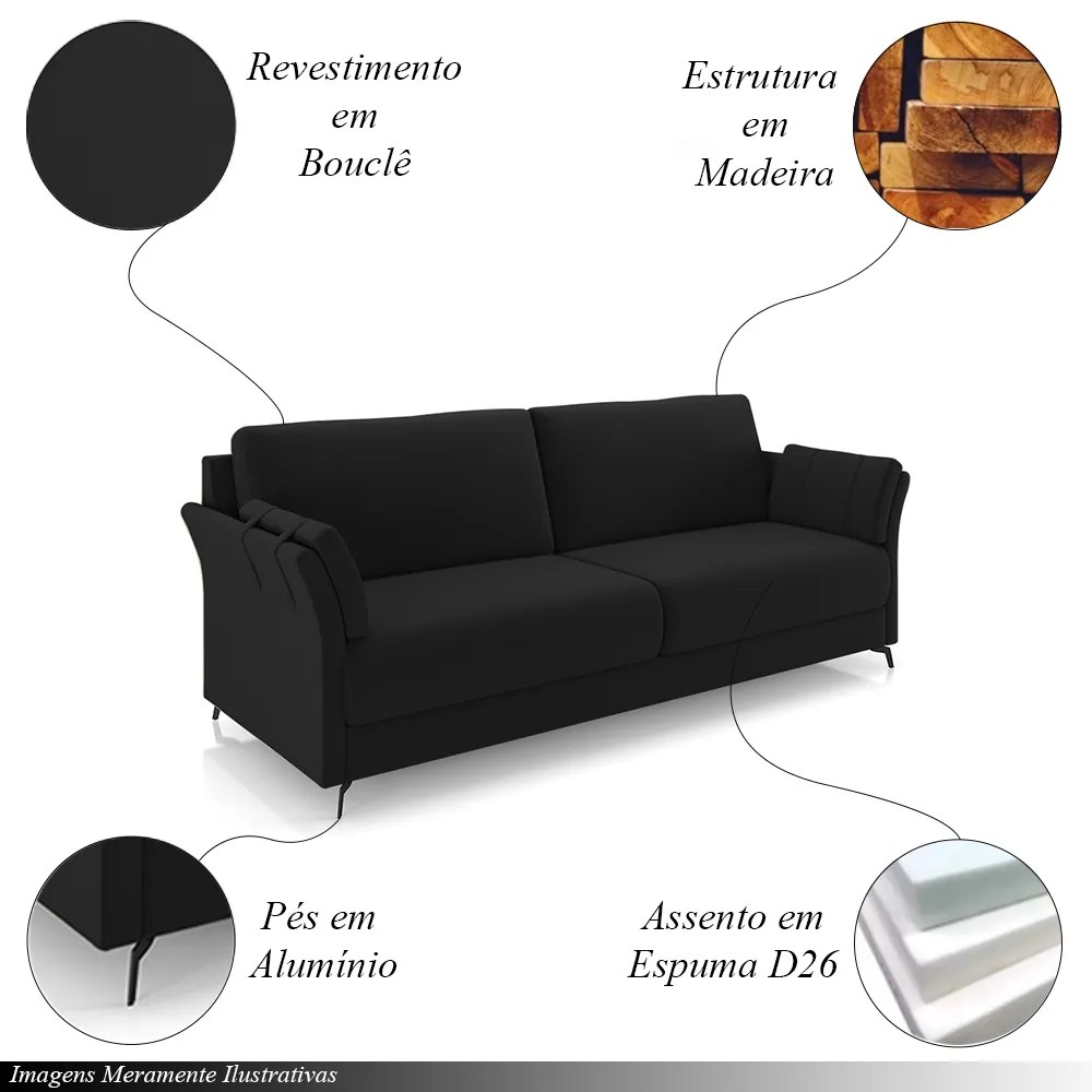 Sofá Decorativo Violet 3 Lugares 223cm Pés em Alumínio Preto Veludo Preto G45 - Gran Belo