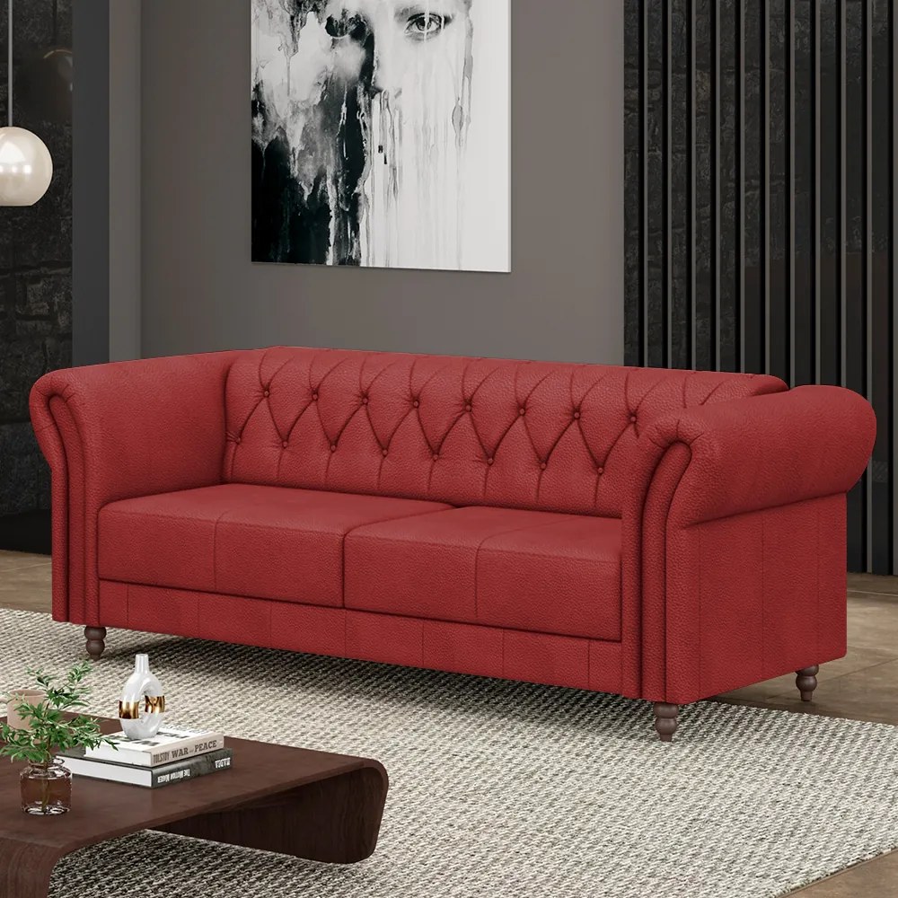 Sofá Living Sala de Estar Stanford Chesterfield 2 Lugares 200cm Pés de Madeira Couro Vermelho G58 - Gran Belo