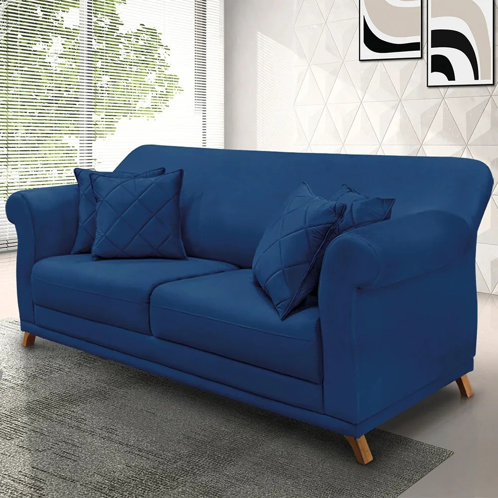 Sofá 2 Lugares Pé de Madeira Julieta 160 cm Suede Azul Marinho S04 - D'Rossi