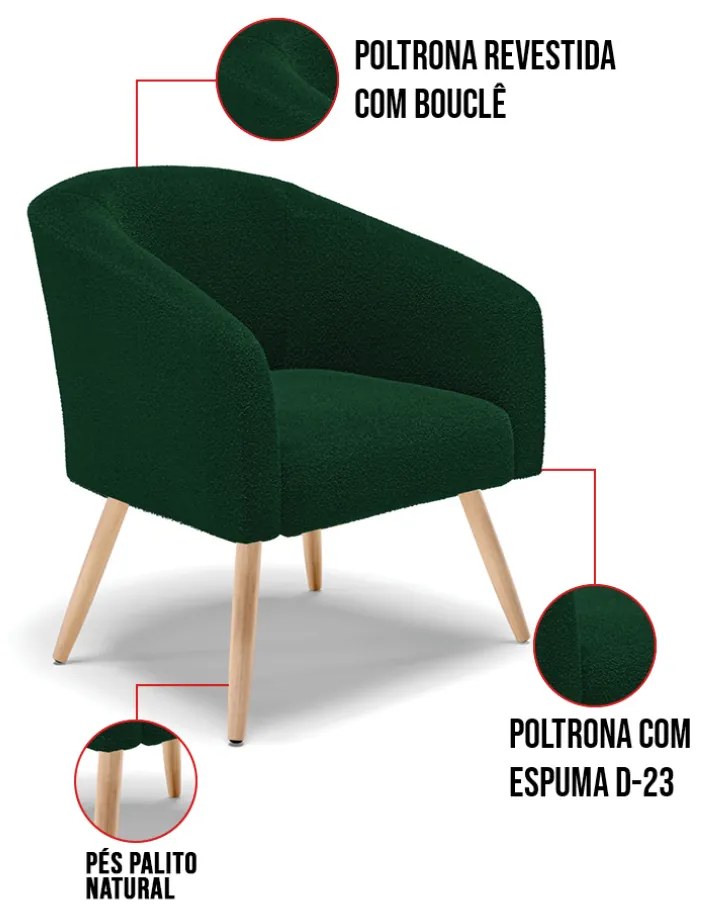 Poltrona Decorativa Pé Palito Natural Stella Bouclê D03 - D'Rossi - Verde