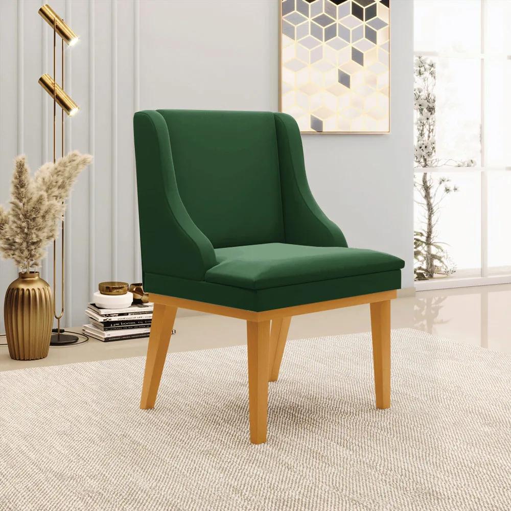 Kit 3 Cadeiras Decorativas Sala de Jantar Base Fixa de Madeira Firenze Veludo Verde Esmeralda/Castanho G19 - Gran Belo