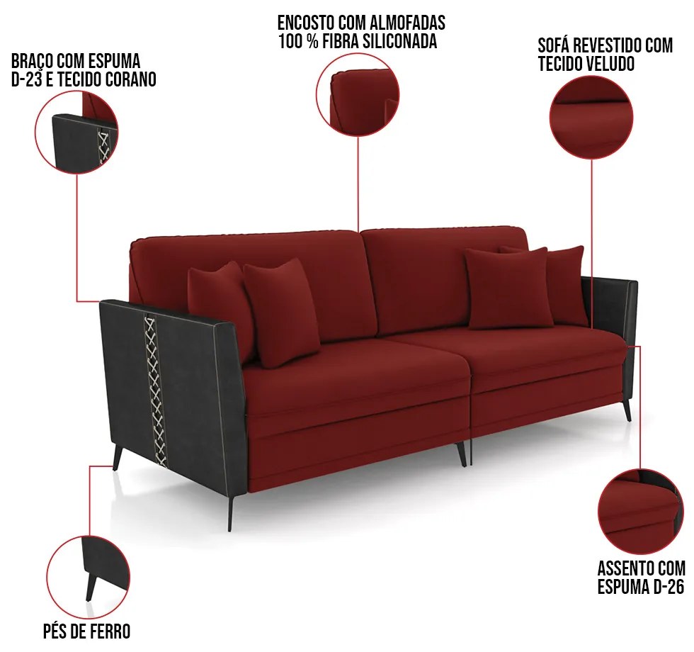 Sofá 3 Lugares Living 222cm Mondaí Sintético Preto/Veludo K01 - D'Rossi - Vermelho