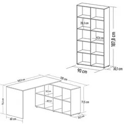 Mesa Escrivaninha em L Eron e Estante Livreiro 90x187cm Lean A06 Branc