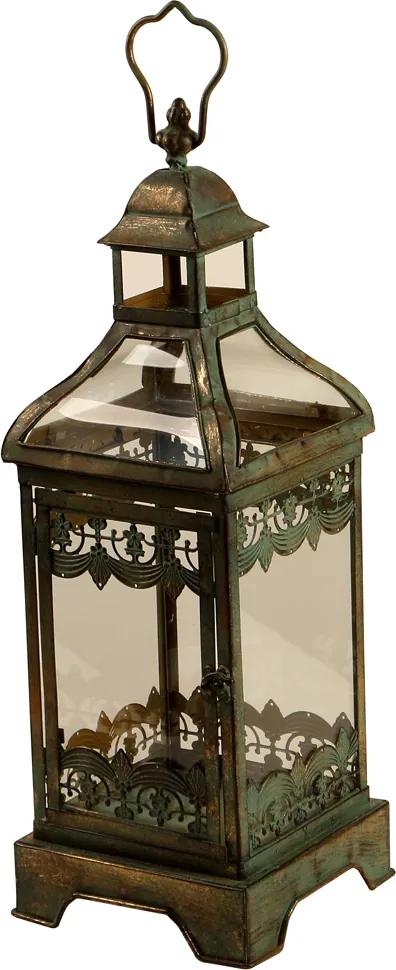 Lanterna Decorativa de Metal Envelhecido e Vidro Arfa Pequena