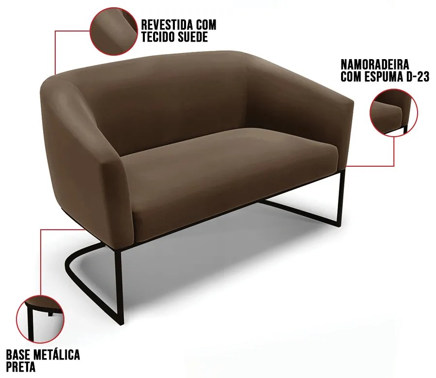 Sofá 2 Lugares Namoradeira Industrial Preto Stella Suede D03 - D'Rossi - Marrom