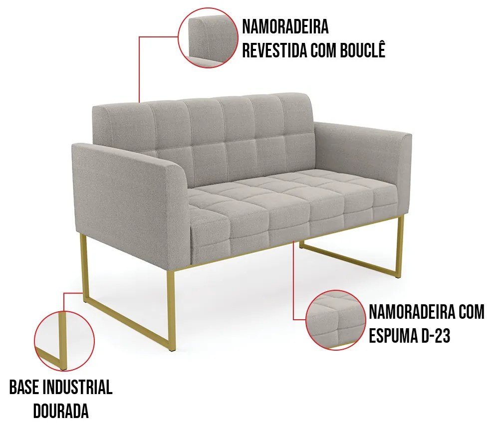 Namoradeira e 2 Poltronas Industrial Dourado Elisa Bouclê Cinza D03 - D'Rossi