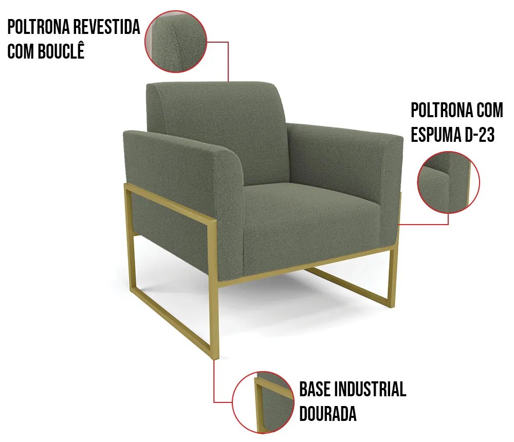 Namoradeira e 2 Poltronas Industrial Alta Dourado Marisa Bouclê Pistache D03 - D'Rossi