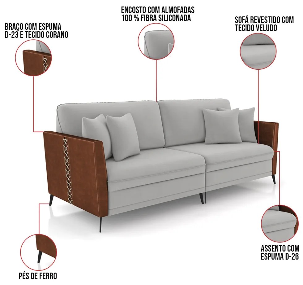 Sofá 3 Lugares Living 222cm Mondaí Sintético Marrom/Veludo K01 - D'Rossi - Cinza