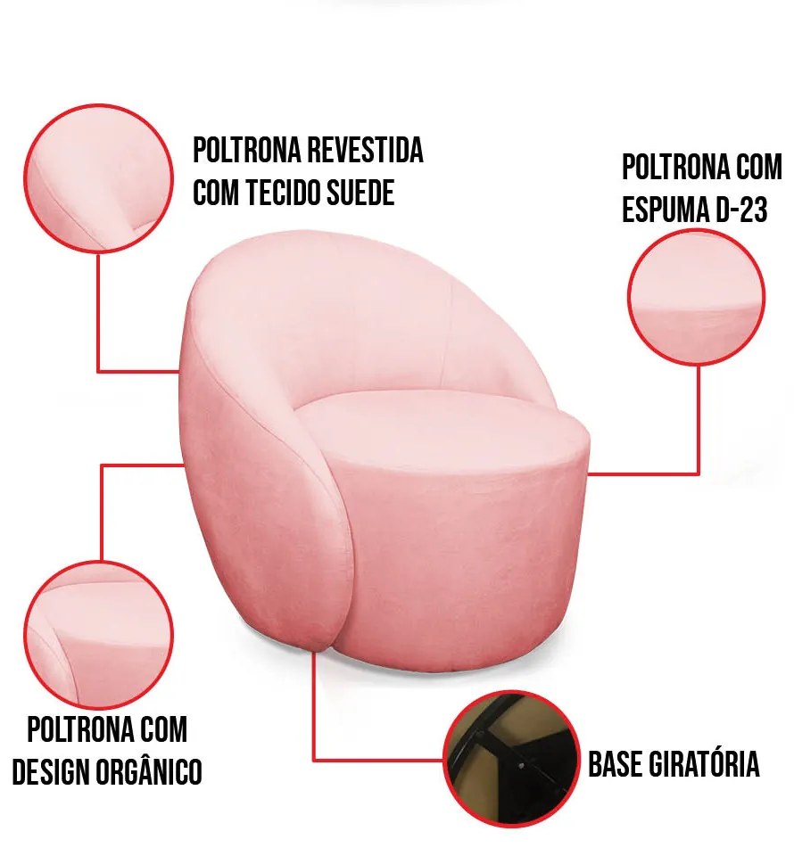 Poltrona Decorativa Orgânica Giratória Lua Suede Rosê D03 - D'Rossi