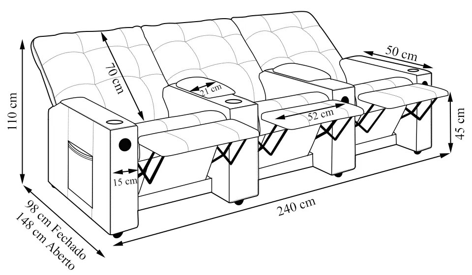 Poltrona Reclinável Para Cinema Parma 3 Lugares Baú USB PU Whisky FH1 - D'Rossi