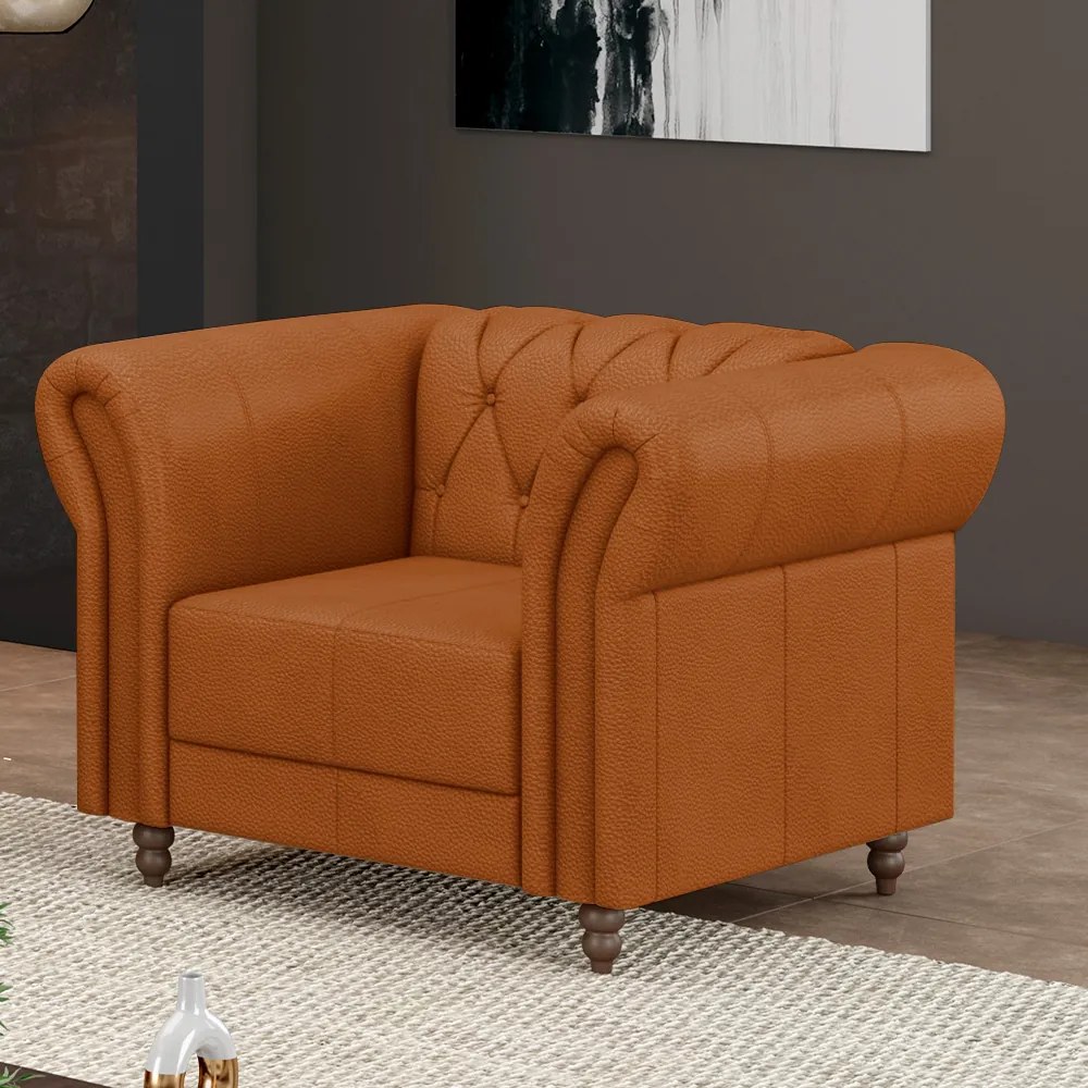 Poltrona Decorativa Sala de Estar Stanford Chesterfield Pés de Madeira Couro Terracota G58 - Gran Belo