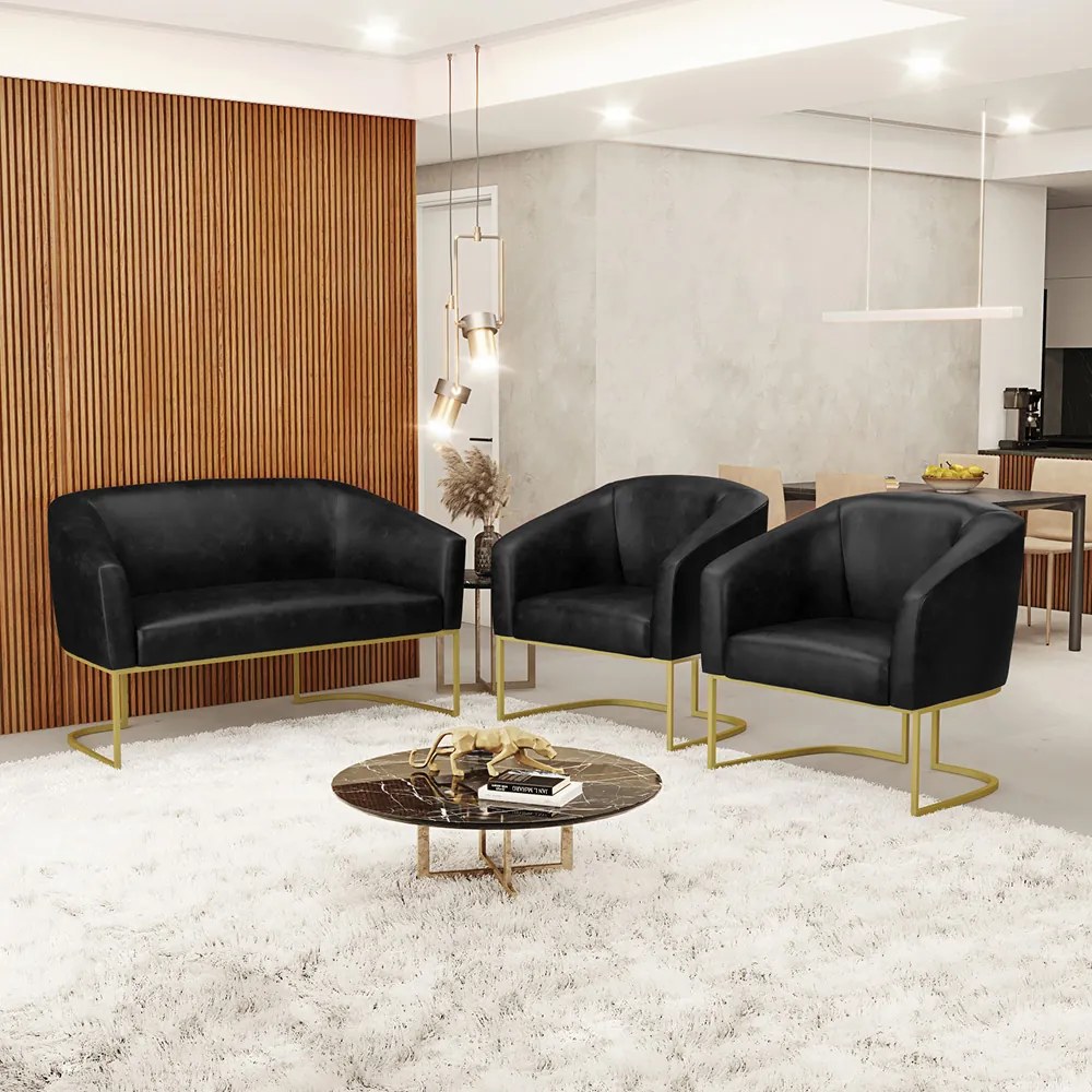 Namoradeira e 2 Poltronas Industrial Dourado Stella Sint PU Preto D03 - D'Rossi