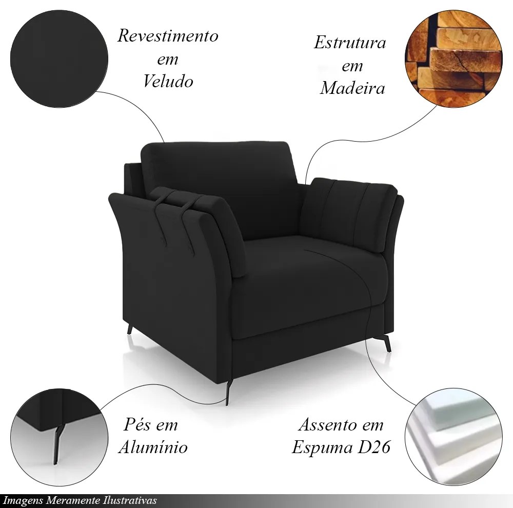 Poltrona Decorativa Violet Pés em Alumínio Preto Veludo Preto G45 - Gran Belo