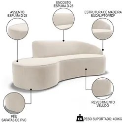 Sofá Living 4 Lugares 280cm Braço Direito Mozart D06 Veludo Bege - Mpo