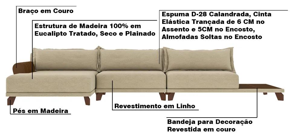 Sofá de Canto Direito c/ Bandeja 318cm Japa Linho Bege G52 - Gran Belo