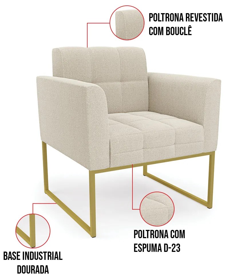 Poltrona Decorativa Industrial Dourado Kit 2 Elisa Bouclê D03 - D'Rossi - Bege