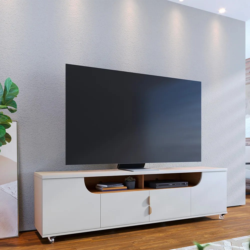 Bancada TV Decorativa Sala de Estar Girona 4 portas pés rodízio em gel Off White/Freijó G73 - Gran Belo