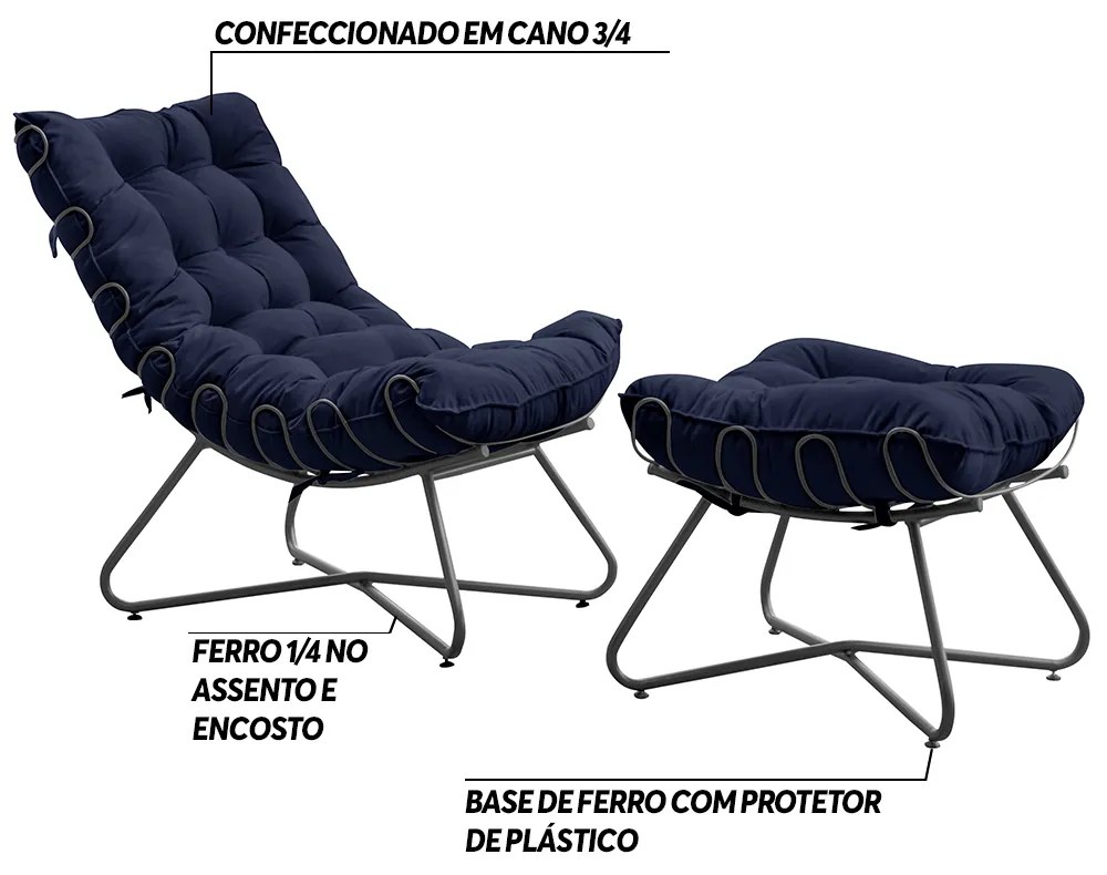 Conjunto Decorativo Poltrona e Puff Caim Base de Ferro Preto Veludo Azul G41 - Gran Belo