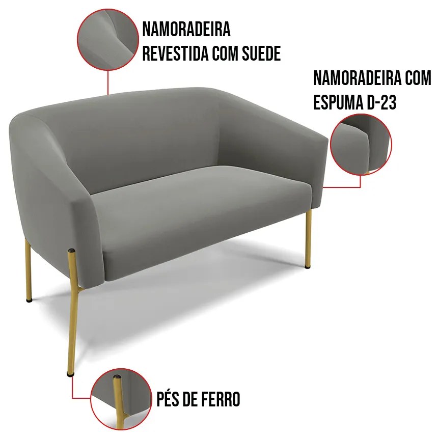 Sofá 2 Lugares Namoradeira Pé de Ferro Dourado Stella Suede D03 - D'Rossi - Grafite