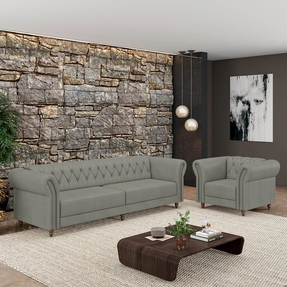 Conjunto Sala de Estar 1 Sofá Living 240cm e 1 Poltrona Stanford Chesterfield Pés Madeira Couro Cinza G58 - Gran Belo