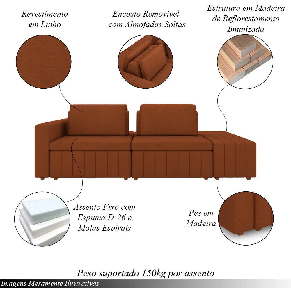 Sofá Ilha com Encosto e Almofadas Móveis Olimpo 245cm Modulado Linho Terracota G45 - Gran Belo