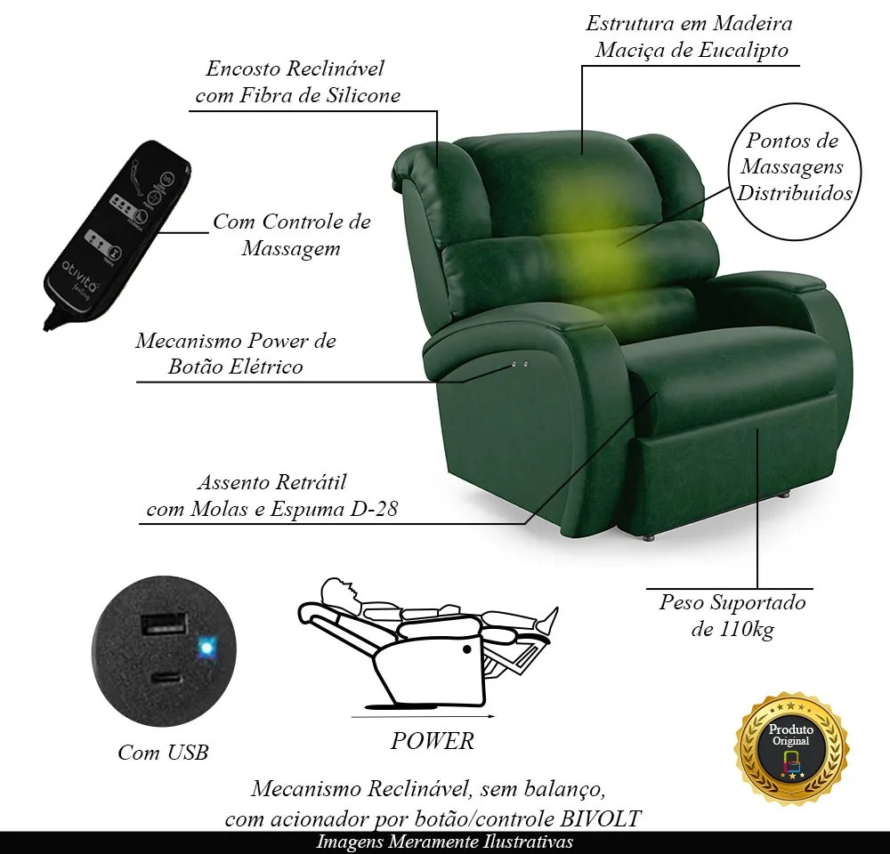 Poltrona do Papai Reclinável Napoli Power Touch Massagem PU Verde Musgo FH1 - D'Rossi