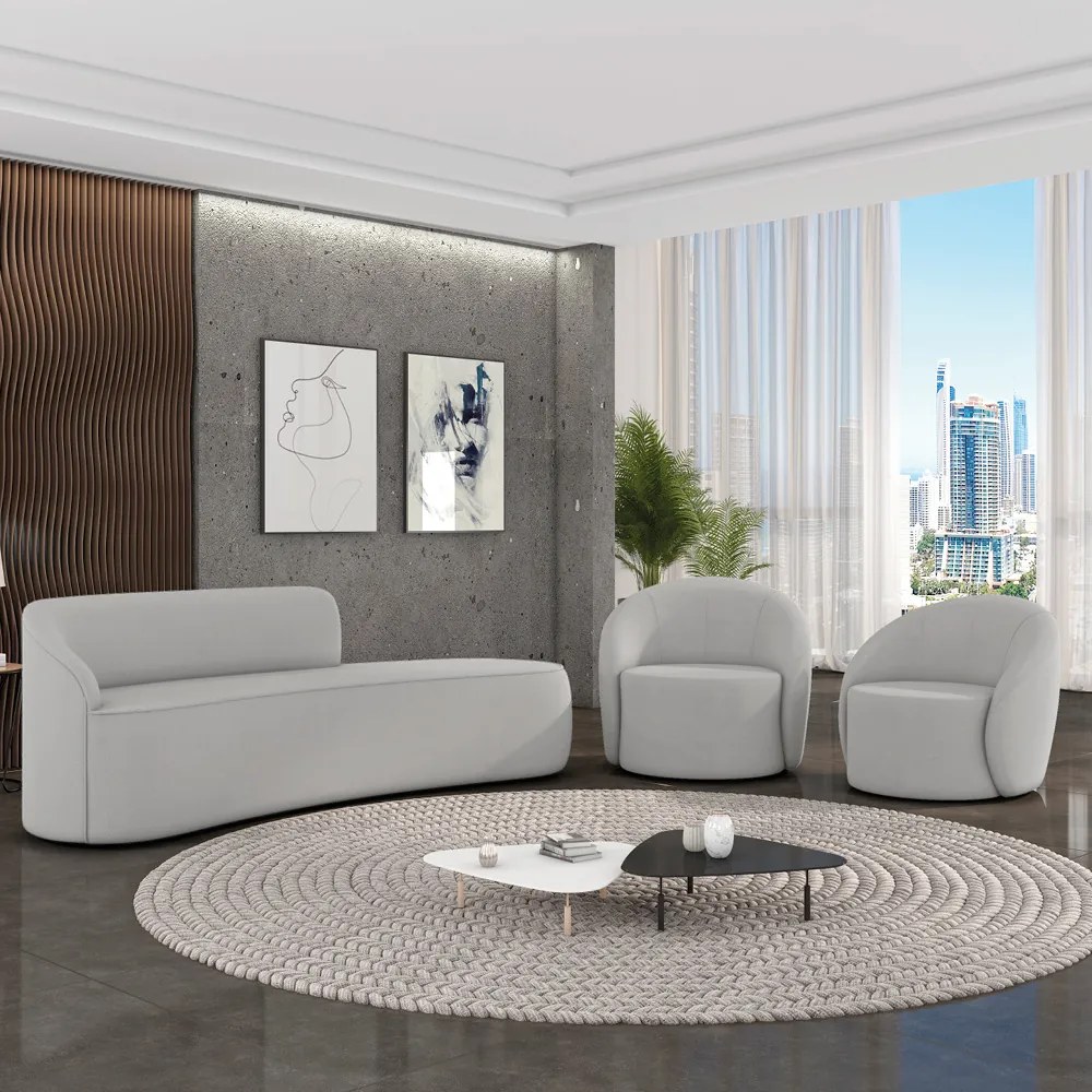 Sofá 4 Lugares Orgânico 220cm Morgan e 2 Poltronas Lua Suede Cinza D03 - D'Rossi