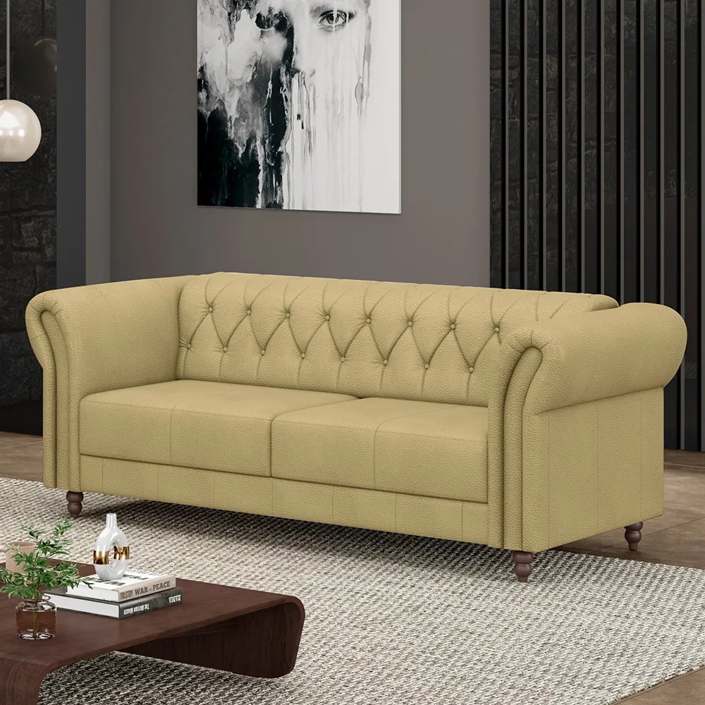 Sofá Living Sala de Estar Stanford Chesterfield 2 Lugares 180cm Pés de Madeira Couro Bege G58 - Gran Belo