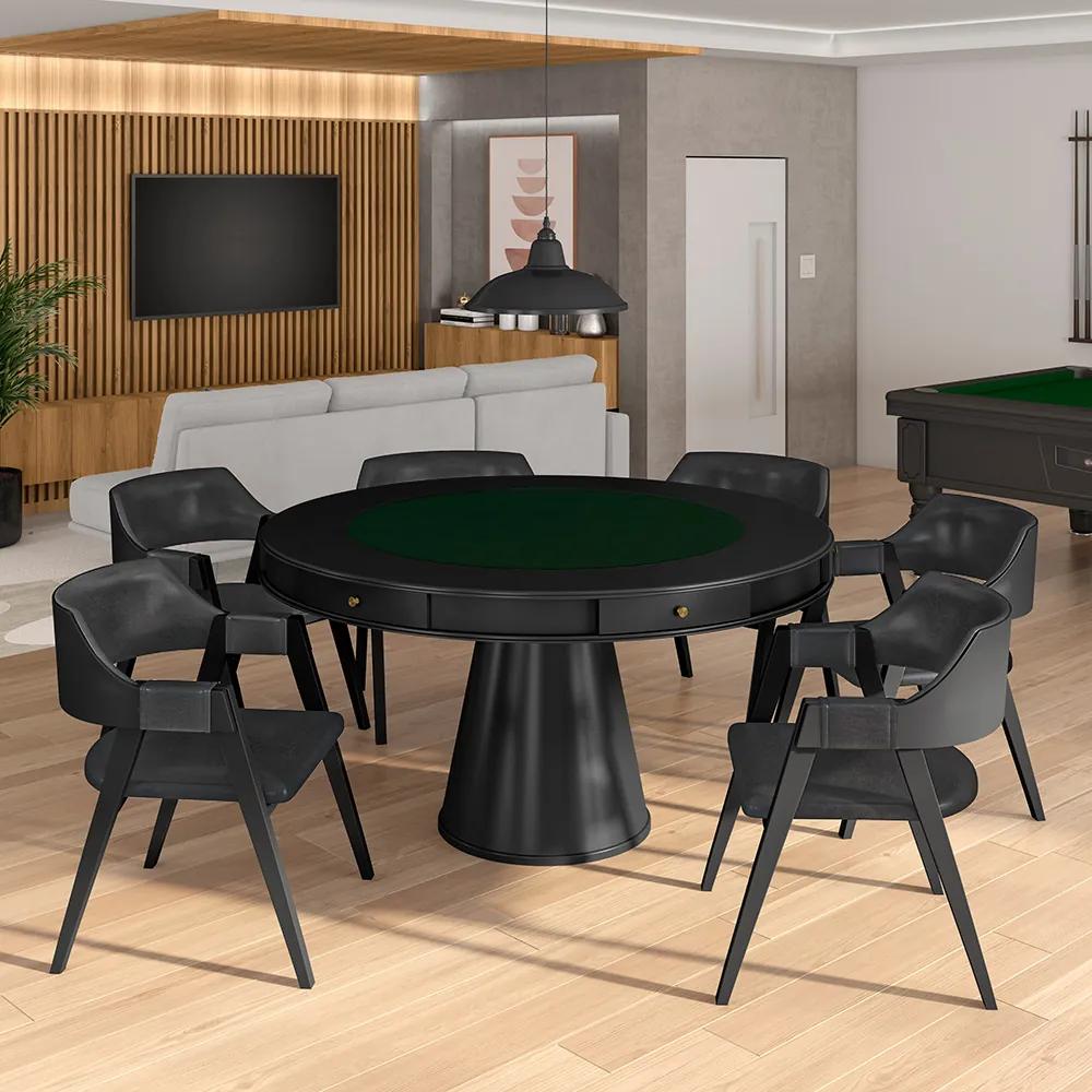 Conjunto Mesa de Jogos Carteado Bellagio Tampo Reversível e 6 Cadeiras Madeira Poker Base Cone PU Grafite/Preto G42 - Gran Belo