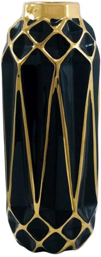 Vaso em Cerâmica Decorativo Preto e Dourado - 35x14x14cm