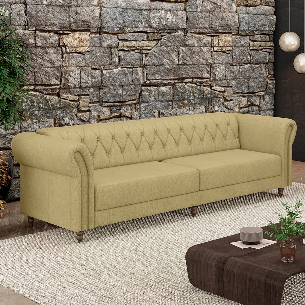 Sofá Living Sala de Estar Stanford Chesterfield 3 Lugares 260cm Pés de Madeira Couro Bege G58 - Gran Belo