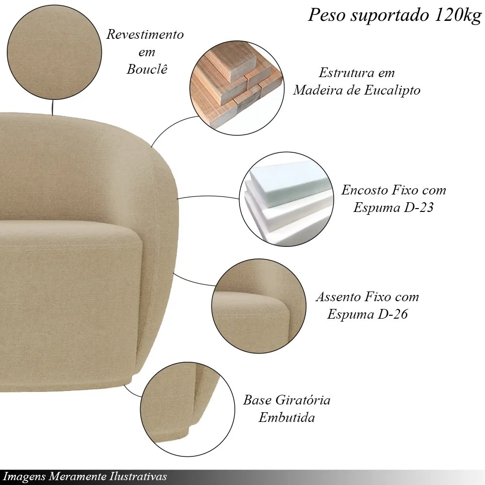 Conjunto 1 Sofá Living 160cm e 1 Poltrona Decorativa Sala de Estar Íbis Encosto Fixo Bouclê  Bege G33 - Gran Belo