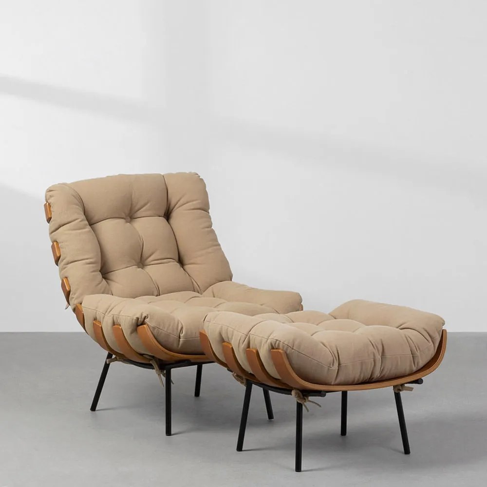 Poltrona com Puff Costela – Lona Bege