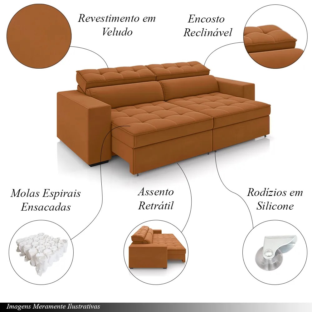 Sofá Decorativo Hugo 4 Lugares 300cm Reclinável e Retrátil Veludo Terracota G45 - Gran Belo