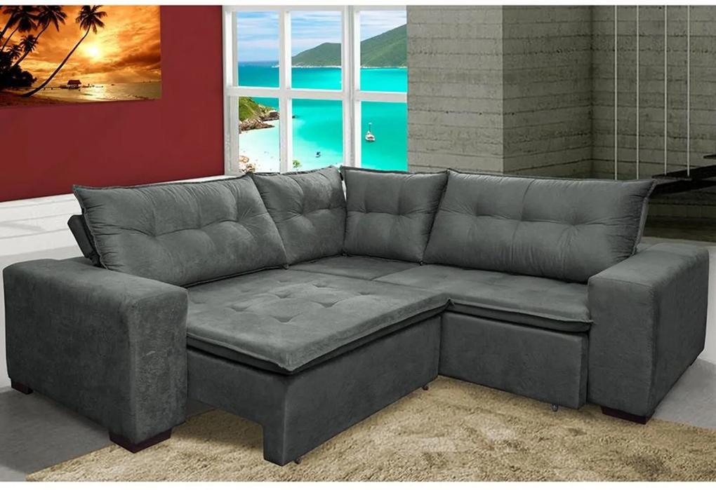 Sofa de Canto Retrátil e Reclinável com Molas Cama inBox Oklahoma 2,60m x 2,60m Suede Velusoft Cinza