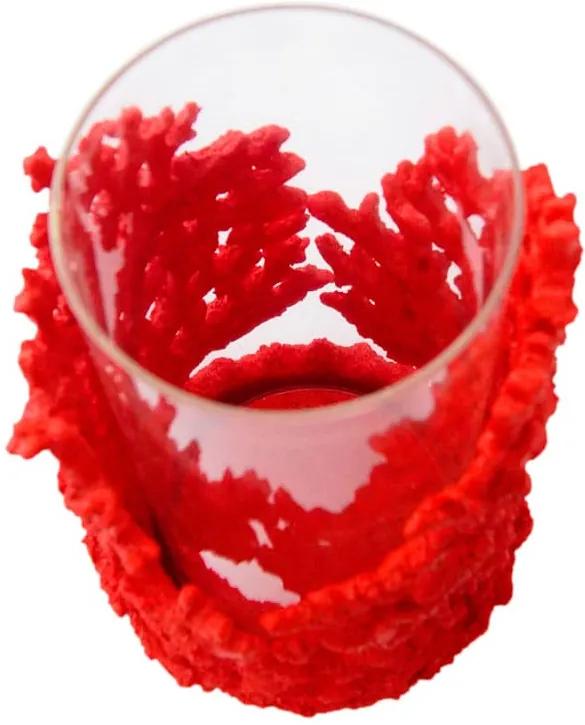 Castiçal Decorativo de Coral em Resina Vermelha e Vidro - 25x16x13cm
