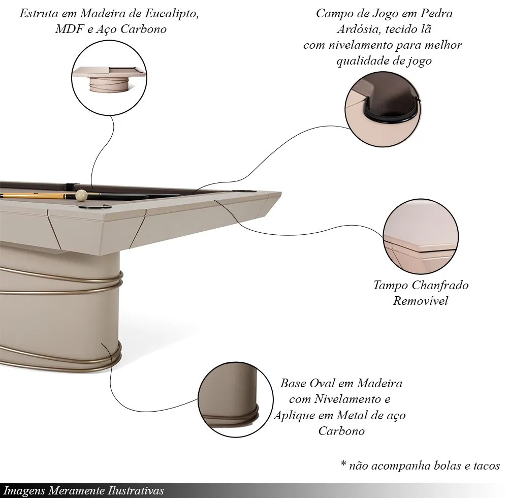 Mesa de Bilhar Sinuca e Jantar Sullivan Versátil com Tampo Removível 248 cm Base Oval Fendi G84 - Gran Belo