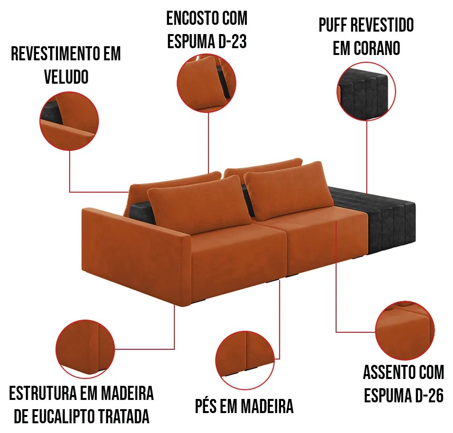 Sofá Ilha 2 Lugares Living 232cm Modulado Sala Lary Veludo Terracota/PU Pto K01 - D'Rossi