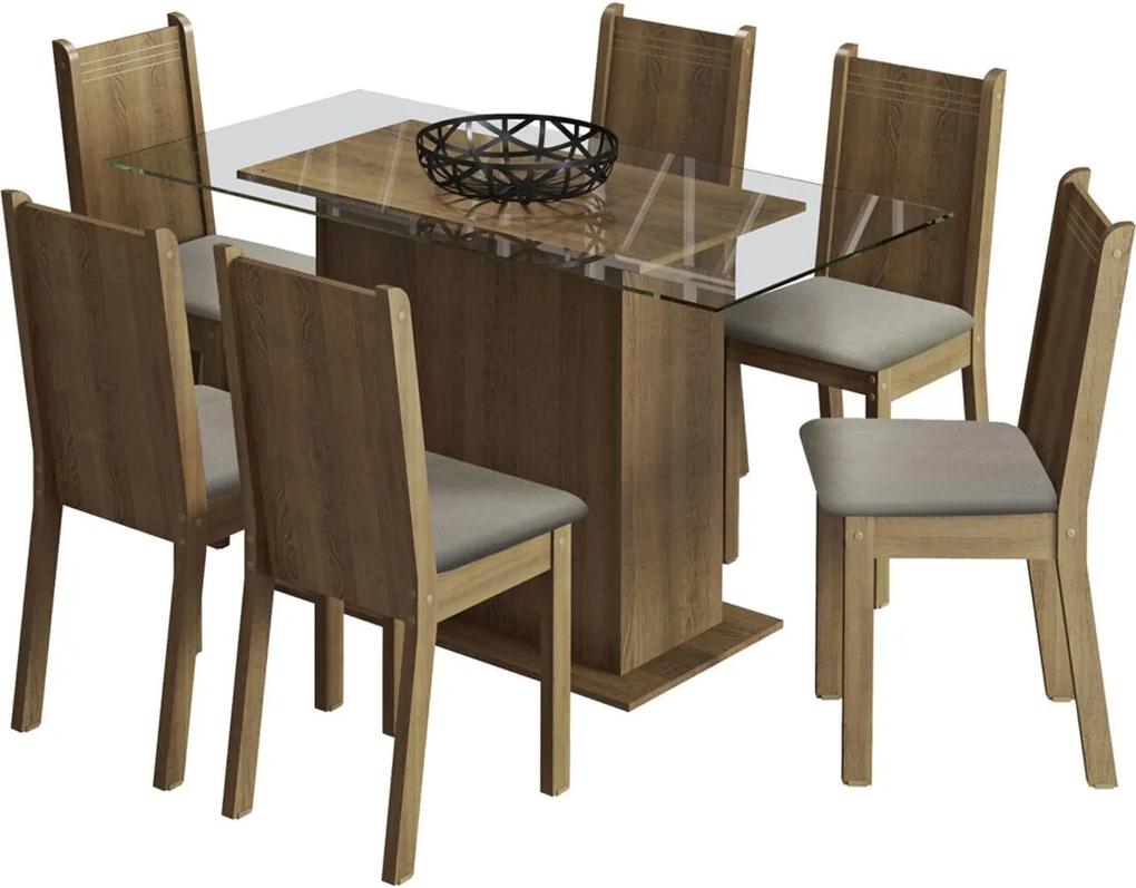 Sala De Jantar Madesa Base De Madeira Com Tampo De Vidro E 6 Cadeiras Molly - Rustic/ Pérola Marrom