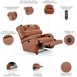 Poltrona do Papai Reclinável Kalie Power Touch Massagem FH9 PU Caramel