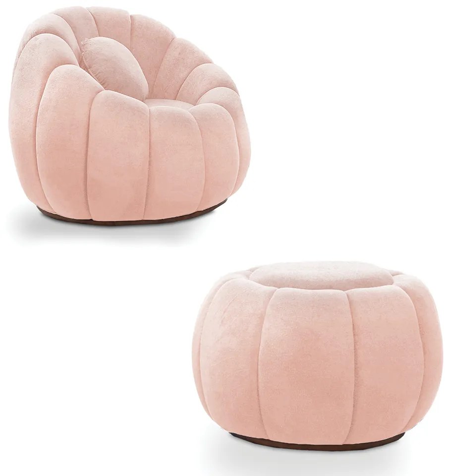 Poltrona Decorativa Orgânica Giratória com Puff Cloud Bouclê E03 - D'Rossi - Rose