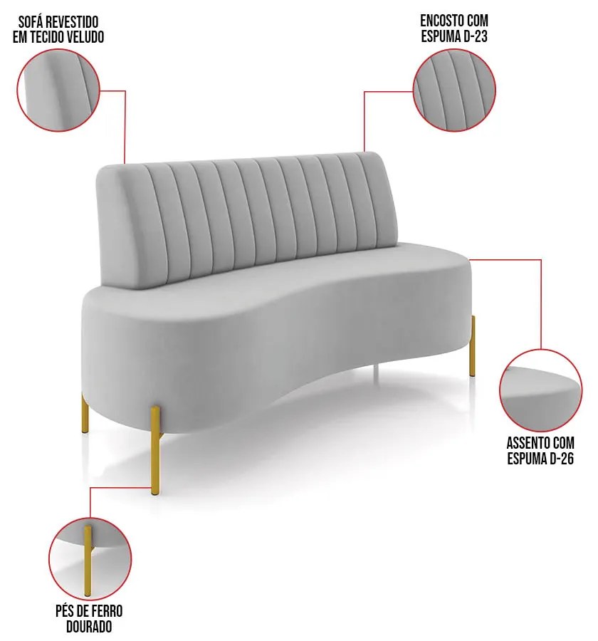 Sofá 2 Lugares Living 135cm Pé Ferro Dourado Maraú Veludo Cinza K01 - D'Rossi