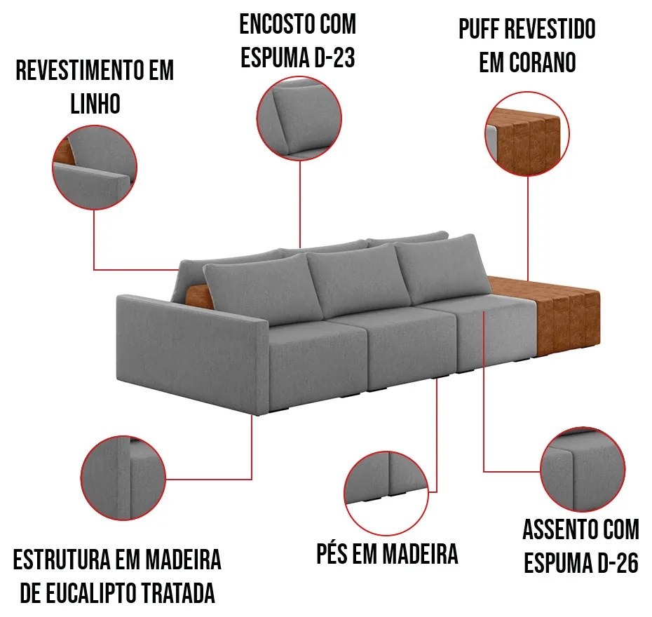 Sofá Ilha 3 Lugares Living 342cm Modulado para Sala Lary Linho K01 - D'Rossi - Grafite