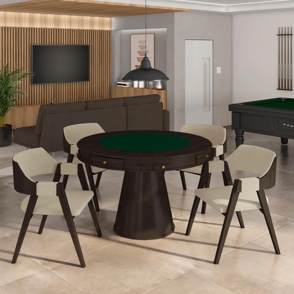 Conjunto Mesa de Jogos Carteado Bellagio Tampo Reversível Verde e 4 Cadeiras Madeira Poker Base Cone Linho OffWhite/Capuccino G42 - Gran Belo