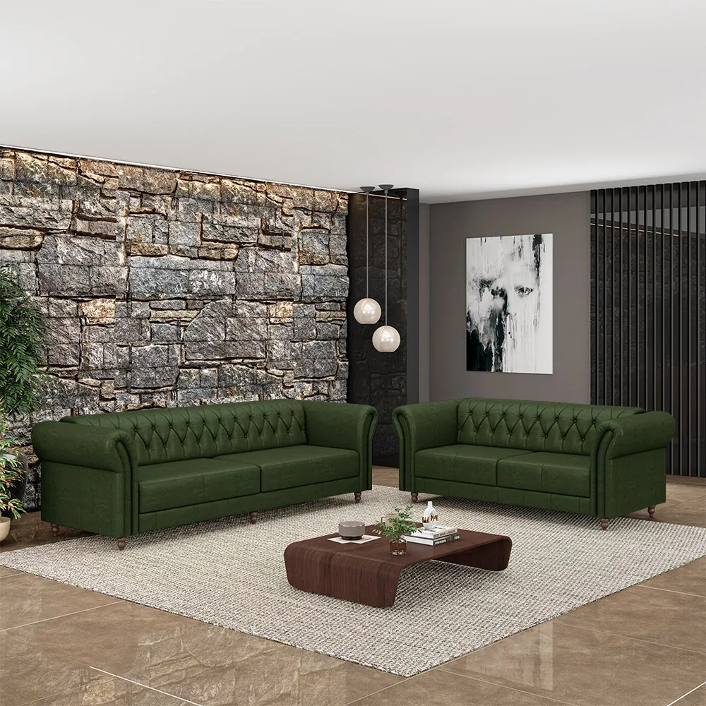 Conjunto de Sofá Sala de Estar Stanford Chesterfield 2 e 3 Lugares 180cm/240cm Pés Madeira Couro Verde Manchado G58 - Gran Belo