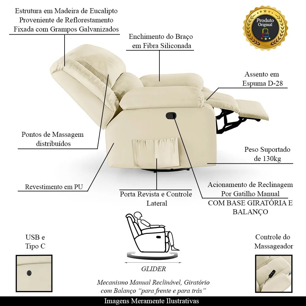 Poltrona do Papai Reclinável Melim Glider Giratória Massagem Sintético PU FH1 - D'Rossi - Bege