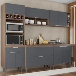 Armário de Cozinha Com Tampo CP07 260cm Pérola Freijó/Grafite Z34 - Mp