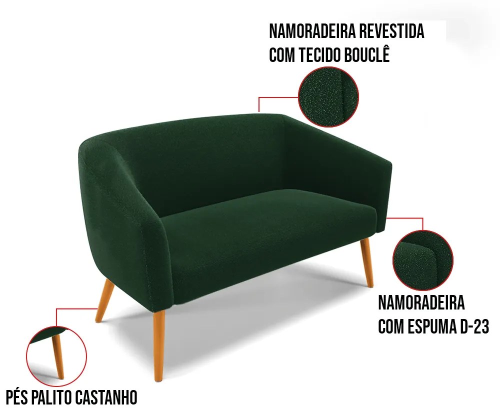 Sofá 2 Lugares Namoradeira Pé Palito Castanho Stella Bouclê Verde D03 - D'Rossi