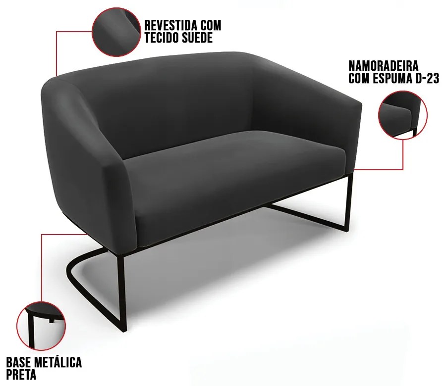 Sofá 2 Lugares Namoradeira Industrial Preto Stella Suede D03 - D'Rossi - Preto
