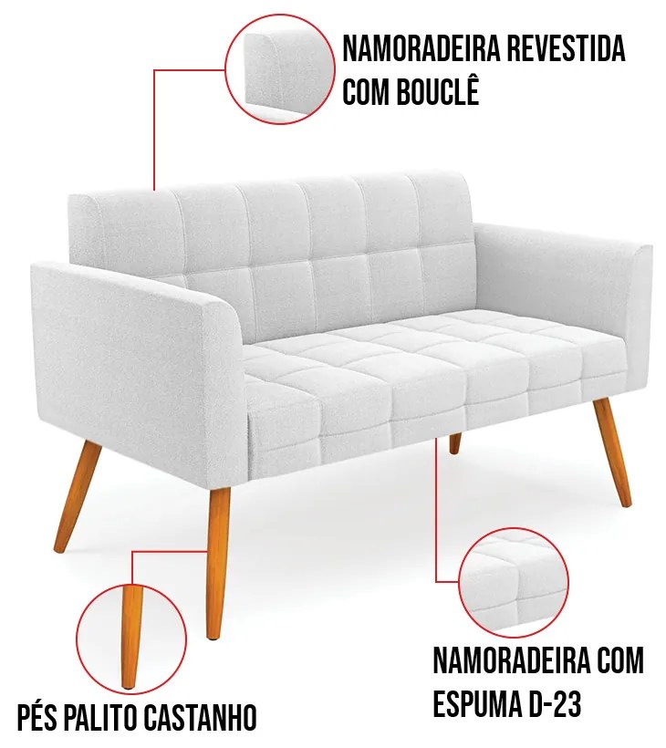 Namoradeira 2 Lugares Pé Palito Castanho Elisa Bouclê Off White D03 - D'Rossi